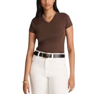 Madewell High V-Neck Ribbed 100% Cotton Baby Tee Shirt NWT S Roasted Chicory